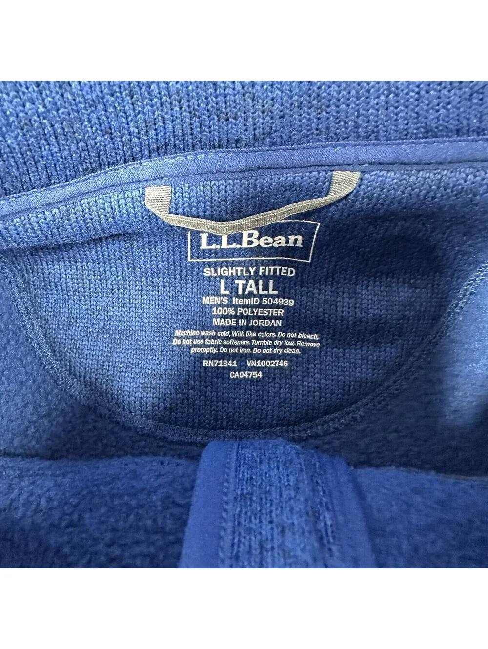 LL Bean Fleece Sweater Blue Full Zip Long Sleeve Slightly Fitted Mens Size LT